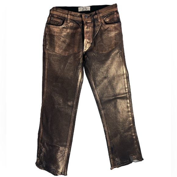 Maggie mid-rise destroyed raw crop hem shiny Fall Metal copper button fly jean - Picture 15 of 15